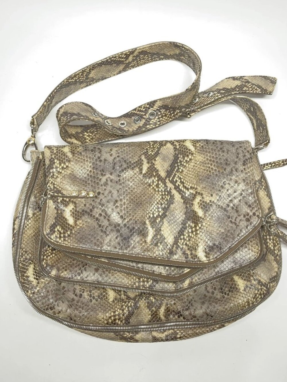 Henri Bendel Python Snake Print Multi-Zip Shoulder Bag • Purple Lining